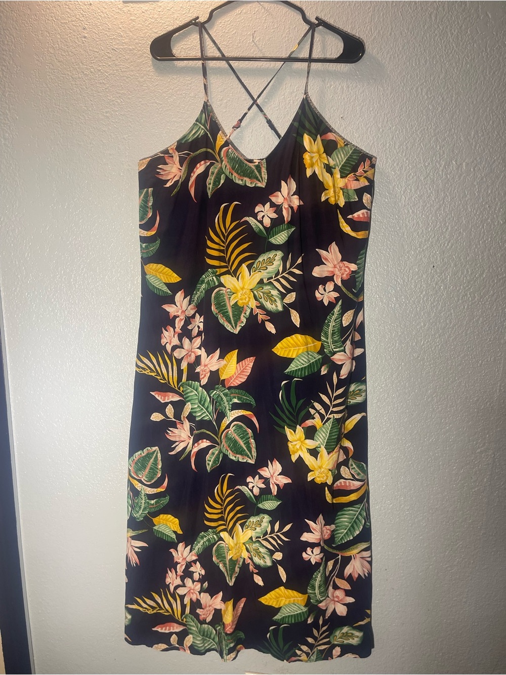 Old Navy Black Tropical Floral Midi Dress with Crisscross Straps
